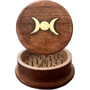 Wood Food Spice Herb Grinder Wooden Brass Inlay Triple Moon, 3 inch