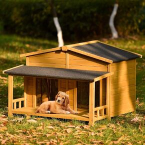 Merax 47" Outdoor Wooden Dog House with Porch, Asphalt Roof, 2" Height Raised Feet and Two Plastic Door Curtains, Brown