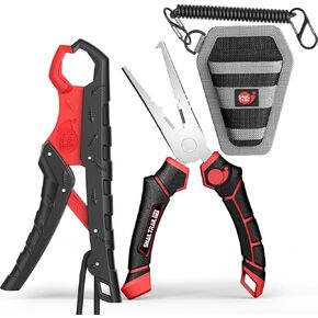 7.5" Floating Fish Gripper & 7" Fishing Pliers Kit, Fishing Grabber, Catfish Mouth Pliers, Caught Bass Holder, Saltwater Lip Grip Tool with Lanyard, Hook Remover with Sheath