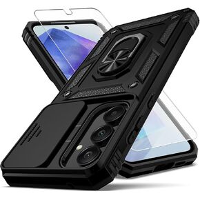 for Samsung Galaxy A55 5G Case,Galaxy A55 5G Case with Camera Lens Cover HD Screen Protector,[Military Grade] Car Mount Kickstand Shockproof Protective Case for Samsung A55 5G, Black
