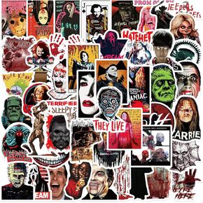 50 Pcs Horror Stickers, Horror Movies Scary Movie Gifts Spooky Decorations Halloween Party Gifts Sticker, Kids Teens Adults DIY Bumper Helmet Journal Phone Laptops Decals