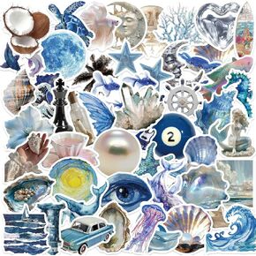 Yoksas 50 Pcs Cute Silver Blue Ocean Stickers - Waterproof Viny Aesthetic Artistic Sea Decals for Water Bottles,Laptop,Scrapbooking