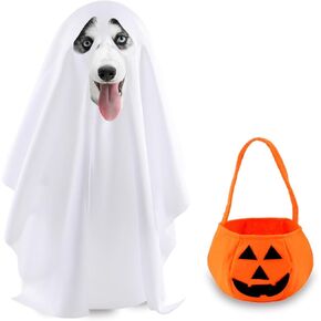 Dog Ghost Costume, Dog Halloween Costumes White Ghost Dog Costume Pumpkin Candy Bag Funny Dog Costumes for Small Medium Large Dogs Pets (Large)
