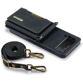 for Samsung Galaxy Z Flip 3 Case, DG.Ming Retro Leather Shockproof Protection Phone Case Trifold Wallet Built in Credit Card Slots Flip Cover Foldable Stand with Crossbody Strap (Black)