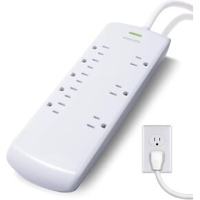 Philips 10-Outlet Surge Protector, 2 USB Ports, 6 Ft Extension Cord, Power Strip, 2880 Joules, 2.4 AMP/12 Watt, 6 Adapter Spaced Outlets, Flat Plug, Wall Mount, ETL Listed, Black, SPP6710BC/37