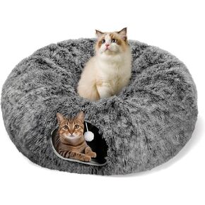 Cat Tunnel Bed for Indoor Cats, Peekaboo Cat Cave with Washable Soft Play Mat, Furry Cat Tube, for Kitten/Puppy/Rabbit, Grey