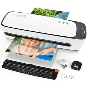 Laminator 13 Inch A3 Laminator Machine, 9 in 1 Desktop Thermal Laminator Never Jam 40 Laminating Pouches, Paper Trimmer and Corner Rounder, 1Min Fast Warm-Up Home Office School Use, Pure White