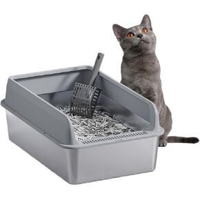 Stainless Steel Cat Litter Box with Lid, Enclosed High Sides Metal Litter Pan Tray for Indoor Extra Large Cats, Anti-Leakage, Non Stick, Easy Cleaning, Include Scoop