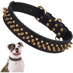 Black XL Spiked Dog Collar for Large Dogs, Retro Bronze Dog Spike Collars Faux Leather Rivet Studded Spiky Stud Anti-Bite Protective Neck for Small Medium Large Breed Boy Pet Male Dogs, X-Large