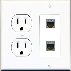 15 Amp Round Power Outlet 2 Port Cat6a Shielded Ethernet Wall Plate White