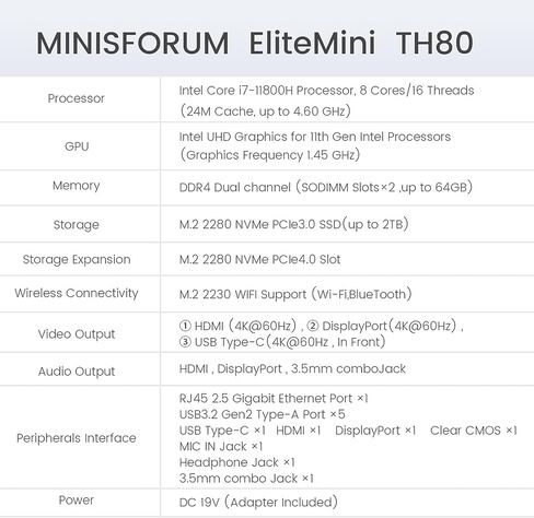 MINISFORUM EliteMini TH80 كمبيوتر صغير Intel Core i7-11800H، ذاكرة وصول عشوائي 32 جيجابايت، SSD PCIe 512 جيجابايت، Wi-Fi 6E/Bluetooth 5.2، USB-C، HDMI، DisplayPort، RJ45 2.5G، فتحة PCIe 4.0، 5X منفذ USB، DC 19V (متجدد) ) in Saudi Arabia