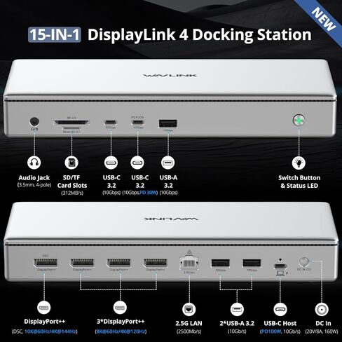 WAVLINK USB C DisplayLink (DL7400) Premium Docking Station with 4X DisplayPort, Dual 8K@60Hz,Quad 4K@60Hz for Windows 10/11 and Mac M1/M2/M3,100W PD Charging to Host, 2.5G Ethernet,USB C, SD4.0 in Saudi Arabia