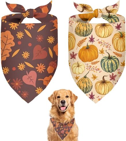 Cute Fall Dog Bandanas 2 Pack, Autumn Hello Fall Hey Pumpkin Maple Leaves Dog Scarf, Thanksgiving Handkerchief Scarves Gifts for Puppy Large Dogs in Saudi Arabia
