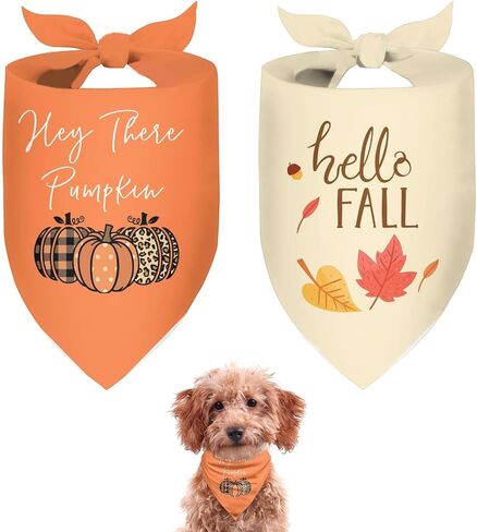 Cute Fall Dog Bandanas 2 Pack, Autumn Hello Fall Hey Pumpkin Maple Leaves Dog Scarf, Thanksgiving Handkerchief Scarves Gifts for Puppy Large Dogs in Saudi Arabia