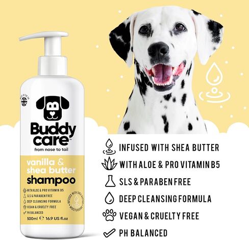 Vanilla & Shea Butter Dog Shampoo by Buddycare | Moisturising Shampoo for Dogs | Vanilla & Shea Butter Scented | with Aloe Vera and Pro Vitamin B5 (16.90oz) in Saudi Arabia