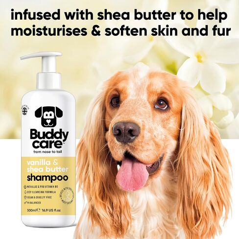 Vanilla & Shea Butter Dog Shampoo by Buddycare | Moisturising Shampoo for Dogs | Vanilla & Shea Butter Scented | with Aloe Vera and Pro Vitamin B5 (16.90oz) in Saudi Arabia