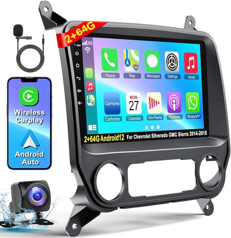 راديو سيارة Android 12 لسيارة شيفروليه سيلفرادو وجي إم سي سييرا 2014-2018، ستيريو سيارة بشاشة تعمل باللمس IPS مقاس 10 بوصات مع تشغيل لاسلكي، Android Auto، نظام تحديد المواقع العالمي (GPS)، بلوتوث، FM، راديو سيلفرادو 2+64 جيجابايت مع كاميرا احتياطية in Kuwait