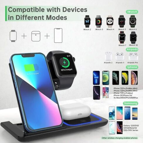 Wireless Charger 3 in 1,15W Fast Charging Station for Apple Watch 8/7/6/5/4/3/2/1,for AirPods Pro,for iPhone 15, 14 Pro/Pro Max/13/12/11/X/Xr in Saudi Arabia