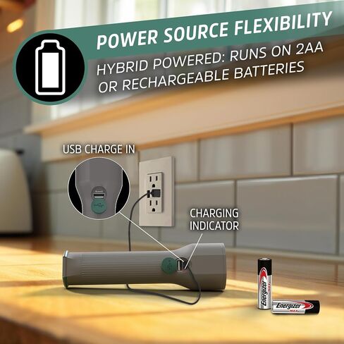 Energizer S-600 Hybrid Power LED Flashlight, Solar, Rechargeable, or AA Battery Powered, IPX4 Water Resistant Bright Flashlight in Saudi Arabia