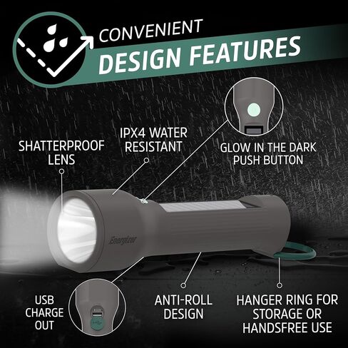 Energizer S-600 Hybrid Power LED Flashlight, Solar, Rechargeable, or AA Battery Powered, IPX4 Water Resistant Bright Flashlight in Saudi Arabia
