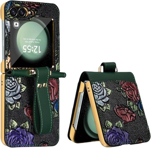 MistWorld for Samsung Galaxy Z Flip 7 Case Dual-Sided Card Holder & Leather Flower Embossed & Hinge & Built-in Screen Protector,Lanyard,Flip case Designed specifically for Women (Black, Z Flip7) in Saudi Arabia