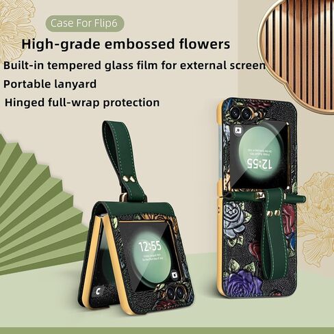 MistWorld for Samsung Galaxy Z Flip 7 Case Dual-Sided Card Holder & Leather Flower Embossed & Hinge & Built-in Screen Protector,Lanyard,Flip case Designed specifically for Women (Black, Z Flip7) in Saudi Arabia