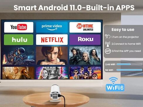 جهاز عرض صغير يعمل بنظام Android 11.0، جهاز عرض ذكي 4K مع WIFI 6 BT 5.0، دوران 180 درجة، جهاز عرض فيديو منزلي خارجي، متوافق مع الهاتف/جهاز التلفاز/الكمبيوتر المحمول in Saudi Arabia