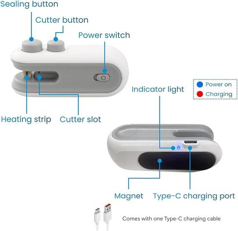 حقيبة صغيرة لإغلاق الأكياس، 2024 جديدة 2 في 1 USB قابلة لإعادة الشحن لحقيبة الأكياس، 2 في 1 لختم الأكياس بالحرارة، آلة إعادة غلق الأكياس الصغيرة للوجبات الخفيفة وتخزين الخضروات الطازجة، أبيض، 240621-FKJ in Saudi Arabia