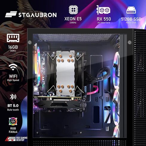 كمبيوتر سطح المكتب للألعاب STGAubron، RX 550 4GB، Intel i7 Xeon E5 2.8 جيجا هرتز، ذاكرة الوصول العشوائي 16 جيجا، 512 جيجا SSD، WiFi، BT 5.0، W10H64، RGB Fanx4، لوحة مفاتيح وماوس ولوحة ماوس RGB، برج كمبيوتر للألعاب للاعبين، البث in Kuwait