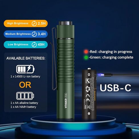 VTIGER T1A مصباح يدوي صغير للجيب EDC مع مشبك، 1300 لومن مدمج AA قابل لإعادة الشحن، مصابيح LED صغيرة، مفتاح ذيل فائق السطوع، ضوء فلاش صغير مع مغناطيس للتخييم والمشي لمسافات طويلة وفي الهواء الطلق والطوارئ in Saudi Arabia