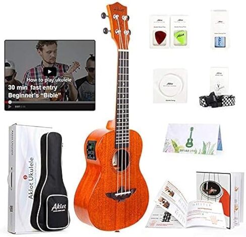 القيثارة، مجموعة AKLOT Concert Ukelele الصلبة الماهوجني مقاس 23 بوصة للمبتدئين المحترفين والبالغين مع دورات مجانية عبر الإنترنت وإكسسوارات Uke، AKC23 in Kuwait