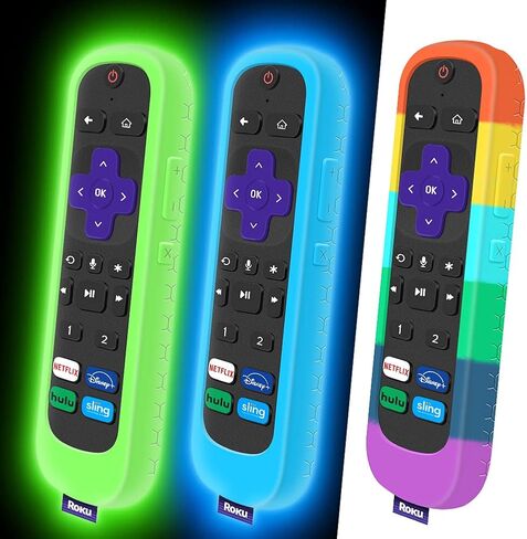 حافظة مكونة من 3 قطع لجهاز Roku Voice Remote Pro، غطاء Roku Ultra 2020/2019/2018 للتحكم عن بعد من السيليكون ووحدة التحكم الواقية وحامل بديل للبشرة الجديدة - أزرق متوهج، أخضر متوهج، قوس قزح in Kuwait
