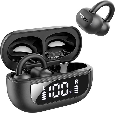 TOZO OpenEarRing True Open Ear Headphones, Lightweight Comfort Open Ear Clip Wireless Earbuds, 40H Play Bluetooth 5.4 Headphones with Smart Digital Display Design Fit Sports Running, Workout Black in Saudi Arabia