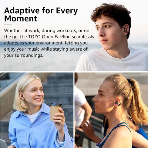 TOZO OpenEarRing True Open Ear Headphones, Lightweight Comfort Open Ear Clip Wireless Earbuds, 40H Play Bluetooth 5.4 Headphones with Smart Digital Display Design Fit Sports Running, Workout Black in Saudi Arabia
