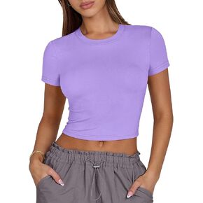 ANRABESS Women Short Sleeve Crop Top Crew Neck Basic Tee Shirts Slim Y2K Going Out Tops 2024 Summer Outfits for Teens