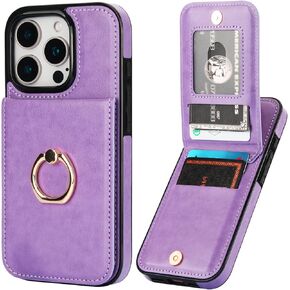 KIHUWEY for iPhone 16 Pro Case Wallet with Credit Card Holder, 360° Rotation Ring PU Leather Magnetic Clasp Kickstand Heavy Duty Protective Cover for Women and Men 6.3 Inch (Rose Gold)