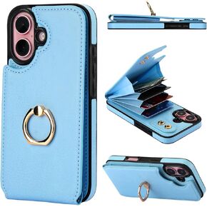 Folosu Compatible with iPhone 16 Case Wallet with Card Holder, 360°Rotation Finger Ring Holder Kickstand, RFID Blocking Leather Protective Double Buttons Shockproof Cover 6.1 Inch Mint Green