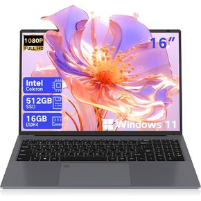 كمبيوتر محمول DERE 2024 محدث مقاس 16 بوصة، 16 جيجابايت LPDDR4 512 جيجابايت SSD، WIN11، Celeron N5805، 2560 * 1600 كمبيوتر محمول، كمبيوتر محمول مع فتح بصمة الإصبع ولوحة مفاتيح بإضاءة خلفية، HDMI، واي فاي للعمل والدراسة، رمادي