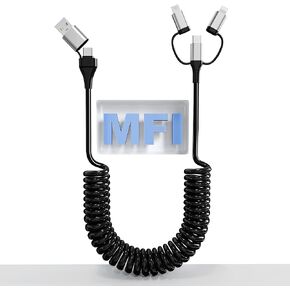5 in 1 Coiled Charging Cable for Car USB to USB C, Micro USB and Lightning Cable - 60W Multi Charging Cable for Apple Carplay/Android Auto, Coiled Lightning and USB C Cable for iPhone/Laptop/Tablet