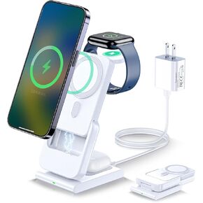 3 in 1 Magnetic Wireless Charging Station,5000mAh Fast Foldable Detachable Portable Charger Battery Pack USB C Power Bank for 14 13 12 Series/Apple Watch/Airpods with 20W Charger Adapter