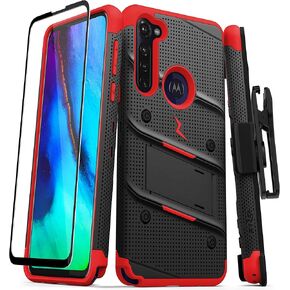 ZIZO Bolt Series for Moto G Stylus (2020) Case with Screen Protector Kickstand Holster Lanyard - Black & Red