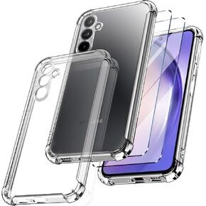 Case for Samsung Galaxy A55 + 2 Tempered Glass Screen Protector, Soft TPU Silicone Case Cover, Bumper with Reinforced Corners, Clear Protection. (Transparent)