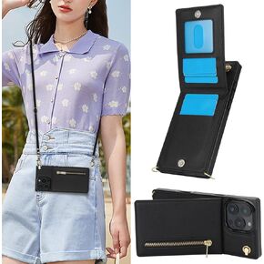 for Apple iPhone 16 Pro Crossbody Wallet Case with Card Holder, PU Leather Removable Lanyard Zipper with Kickstand Case Cover for iPhone 16 Pro.Bag Black