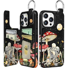 for iPhone 15 Pro Max Wallet Case with Card Holder, Designer Mushroom Frog Pattern Kickstand Magnetic Clasp Back Flip Folio Leather Phone Cases for iPhone 15 Promax for Women Men Girls