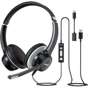 USB-A/USB-C Headsets with Microphone, USB C Wired Headsets with AI ENC Noise Cancelling Microphone, Stereo Headphones with MIC for PC, in Line Controls, Work Headset for Skype Zoom Tablet