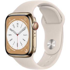 Apple Watch Series 8 (GPS + Cellular, 41MM) هيكل ذهبي من الستانلس ستيل مع سوار رياضي Starlight - صغير/متوسط ​​(متجدد)