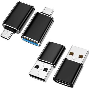 4 Pack [USB C to USB]&[USB to USB C] USB to USB C Adapter Female Aluminum Shell SuperSpeed Data Transfer & Fast Charging Converter for iPhone 15 Pro Max 14 13 12,AirPods,OTG Adapt USB to USB C-Black