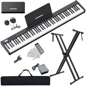 NikoMaku Piano Keyboard 88 Keys Semi-weighted Compact Portable Digital Piano Set for Beginners with Stand, Carrying Case, Sustain Pedal, Headphones, SWAN-S Black