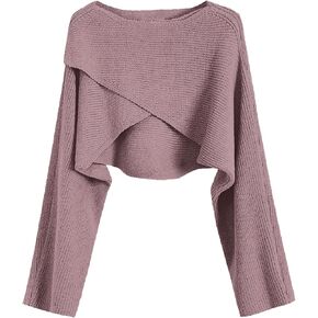 Women's Boat Neck Sweater Long Sleeve Cross Wrap Asymmetrical Hem Cropped Pullover Jumper Tops