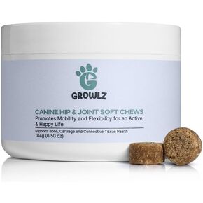 Growlz Dog Hip and Joint Chew: Reduce Pain, Encourage Mobility - Treats Hip Dysplasia and Arthritis - Glucosamine - Chondroitin - Turmeric - USA Made with Human-Grade Ingredients 90 Count